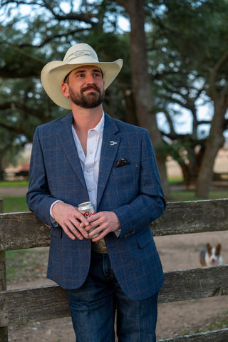 Denim Blue Windowpane Cowboy Sport Coat – Tailored Western Dress Jacket