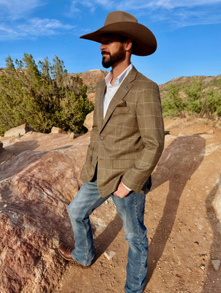 Pecan Brown Windowpane Cowboy Sport Coat | Athletic Fit Western Sport Coat for Men