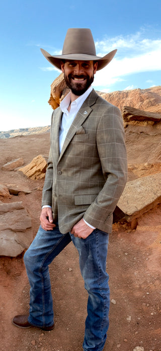 Pecan Brown Windowpane Cowboy Sport Coat | Athletic Fit Western Sport Coat for Men