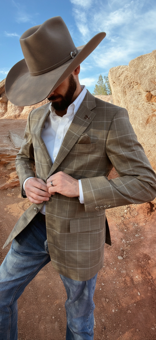 Pecan Brown Windowpane Cowboy Sport Coat | Athletic Fit Western Sport Coat for Men